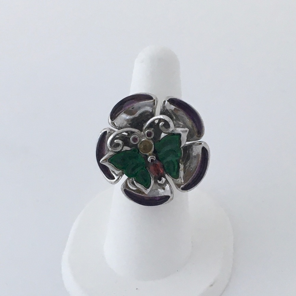 SOLD! Unusual jade butterfly ring w/gemstones - Picture 6 of 8
